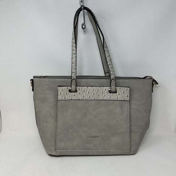 Gussaci Womens Shoulder Bag Gray Leather Ostrich Trim Crossbody Strap Classic - Picture 1 of 13